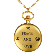 Gold Quartz Pocket Watch Arabic Numerals Peace Love Design