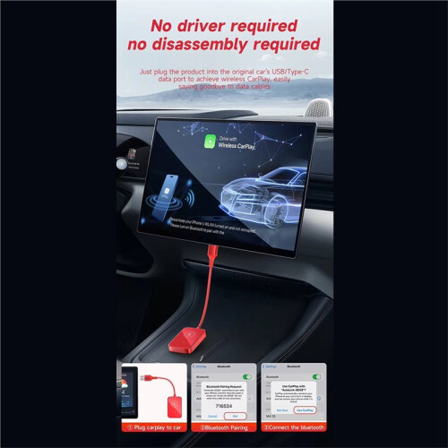 Adaptador Inteligente 2 em 1 para Carro, com Fio e Sem Fio, Compatível com Android Auto e CarPlay (Plug & ). 1
