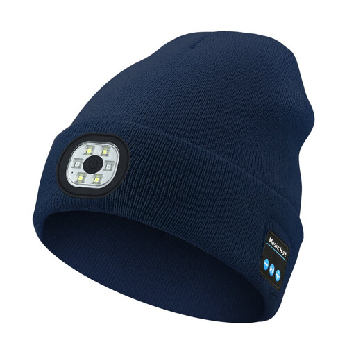 Bluetooth beanie hat with LED headlight mic headphones dark