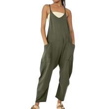 Women's Denim Jumpsuit V-Neck Sleeveless with Pockets Green
