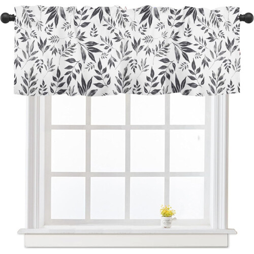 Kitchen Valance Spring Leaf Design Black White Grey 54x18