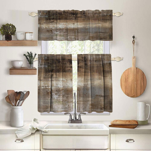 Abstract Brown Tier Curtains for Windows 3-Pack
