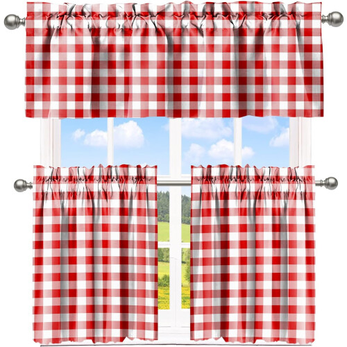 Buffalo Check Window Curtain Set Red White Farmhouse Rod