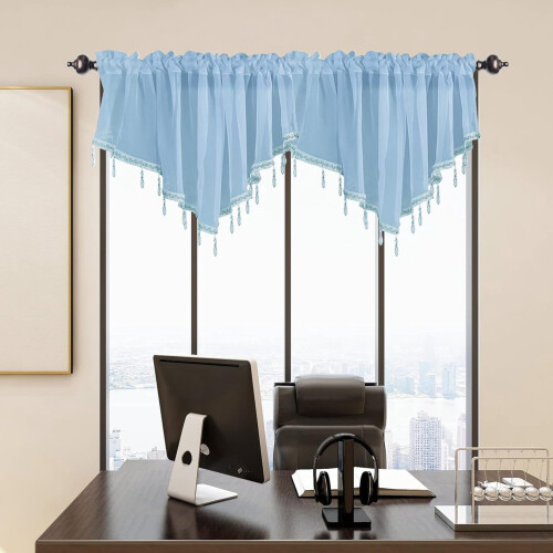 Beaded Triangle Sheer Valance Curtains Sky Blue 2-Pc 51x24 2