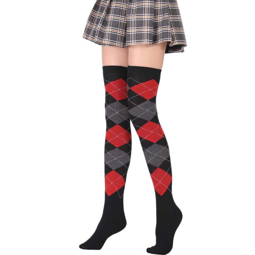 Women's Thigh-High Socks Vintage Argyle Pattern Red