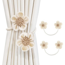 Cotton Linen Bohemian Curtain Tiebacks Beige 2 Pcs