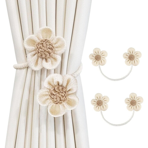 Cotton Linen Bohemian Curtain Tiebacks Beige 2 Pcs