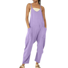 Women's Purple Denim Jumpsuit V-Neck Sleeveless with
