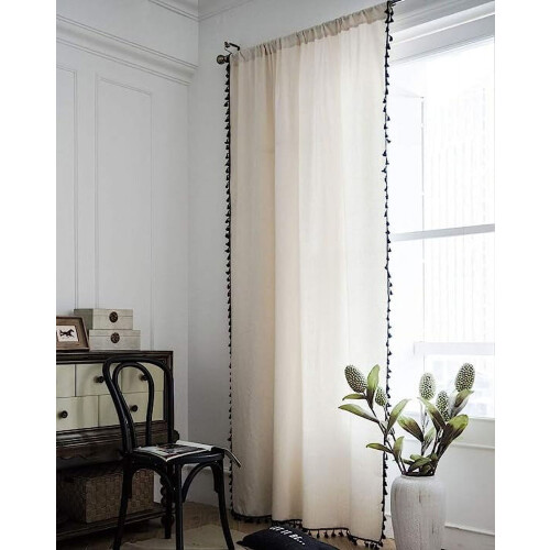 Boho Cotton Linen Curtain with Black Tassels 1 Panel 94 in