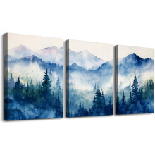 Lótuszvirágos vászon falikép, kék virágmintás, 3 darabos, 12x16 hüvelykes