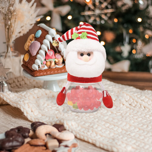 Pote de doces de Natal de plástico transparente com Papai Noel, boneco de neve e alce.