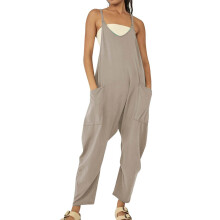Women's Beige Denim Jumpsuit V-Neck Sleeveless with Pockets