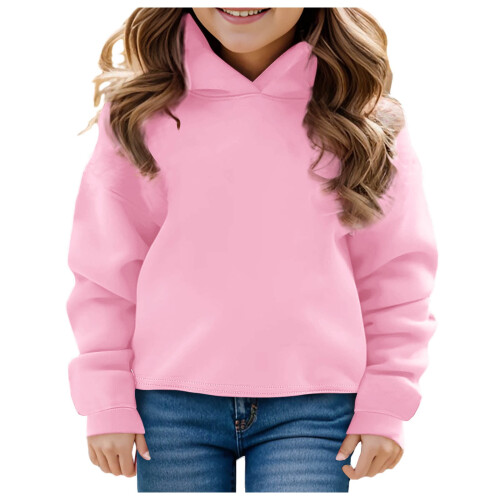 Kids Solid Color Pullover Hoodie Cotton Sweatshirt Pink 1