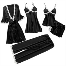 Women's Silk Pajama Set Black 5-Piece