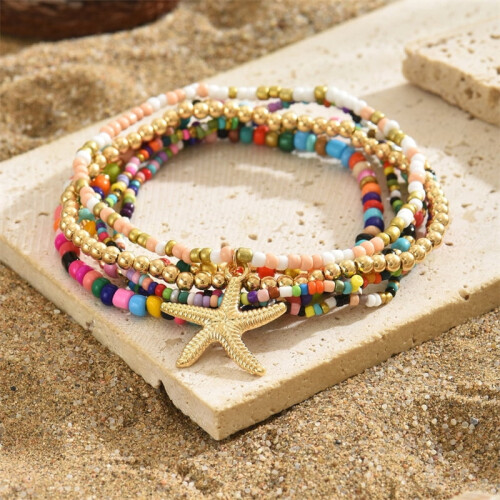 Boho Starfish Anklet with Rice Beads for Women