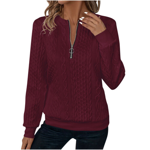 Women's Cable Knit Half-Zip Sweater V-Neck Long Sleeve