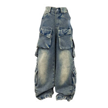 Girls ripped denim pants blue wide leg 140