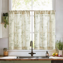 Floral Linen Tier Curtains Sage Green on Beige 2 Panels