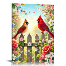 Par de lienzos con marcos de madera con motivos de cardenales