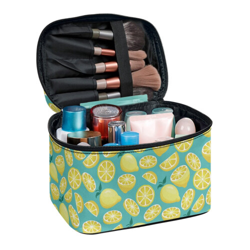 Bolsa de cosméticos com alça superior e compartimentos para pincéis de beleza.