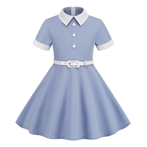 Mädchen Herbstkleid, einfarbig, langärmelig, tailliert, blau, Größe S 2