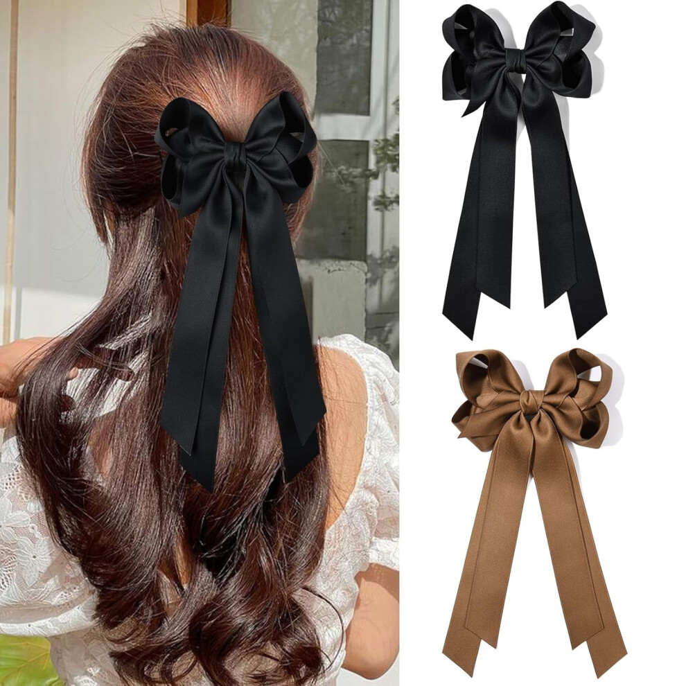 Silky Satin Hair Bows with Metal Clips â Beige and Black,