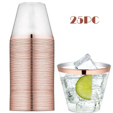 Lot de 25 gobelets transparents à bordure dorée, parfaits pour les fêtes, les mariages, le camping, la plage, les pique-niques et la cuisine.