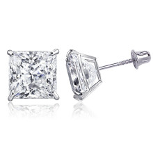 Boucles d'oreilles Tioneer en or blanc massif 14 carats, minimalistes, à clous en zircon cubique taille princesse, fermoir à vis, style princesse.