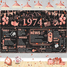 Rosegull 50-års bursdagsbanner tilbake i 1974, Vintage gratulerer med 50-årsdagen bakteppe for kvinner, 1974 jubileumsfestdekor, Skål for 50 år