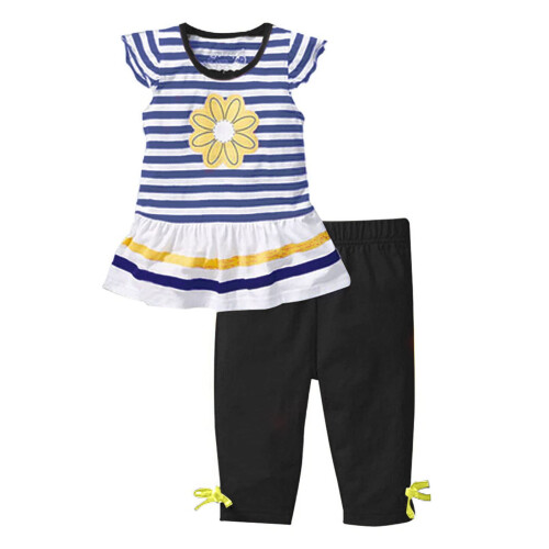 Mädchen-Set: Rüschenoberteil mit Blumenmuster und einfarbige Hose, blau, Größe 5-6