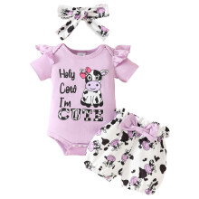 Baby meisjes zomerpakje set met letterprint romper en koeienprint