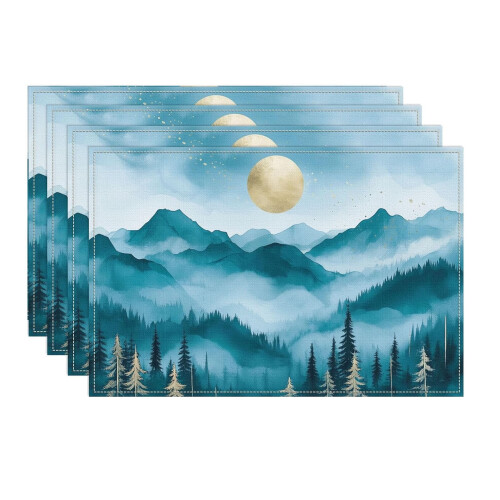 Forest Tree Fog Mountain Moon Placemats 12x18" Washable