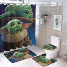 Ensemble de décoration de douche Baby Yoda 4 pièces avec tapis antidérapant, couvre-toilette et tapis de toilette, rideau imperméable + 12