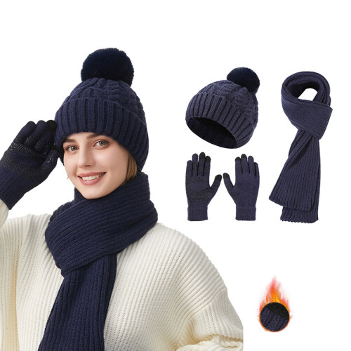 Conjunto feminino de gorro, cachecol e luvas de lã com trama dupla.