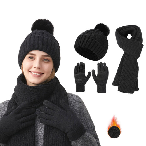 Conjunto feminino de gorro, cachecol e luvas de lã com trama dupla.
