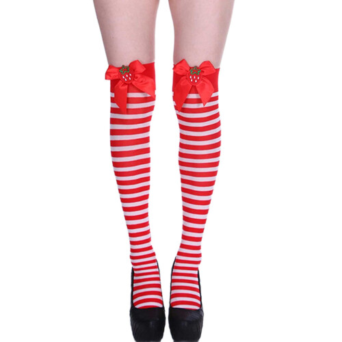 Women's Stripe Knee Socks with Strawberry Bow Pattern
