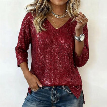 Camicetta da donna con scollo a V e paillettes, maniche a 3/4 e spacchi laterali
