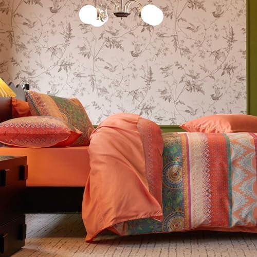 Boho Comforter Set Coral Green Queen Size 3 Pieces 1
