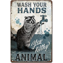 Plaque vintage en métal « Lavez-vous les mains, sale bête ! » - Affiche « Raton laveur » - Décoration de salle de bain - Peinture sur fer pour