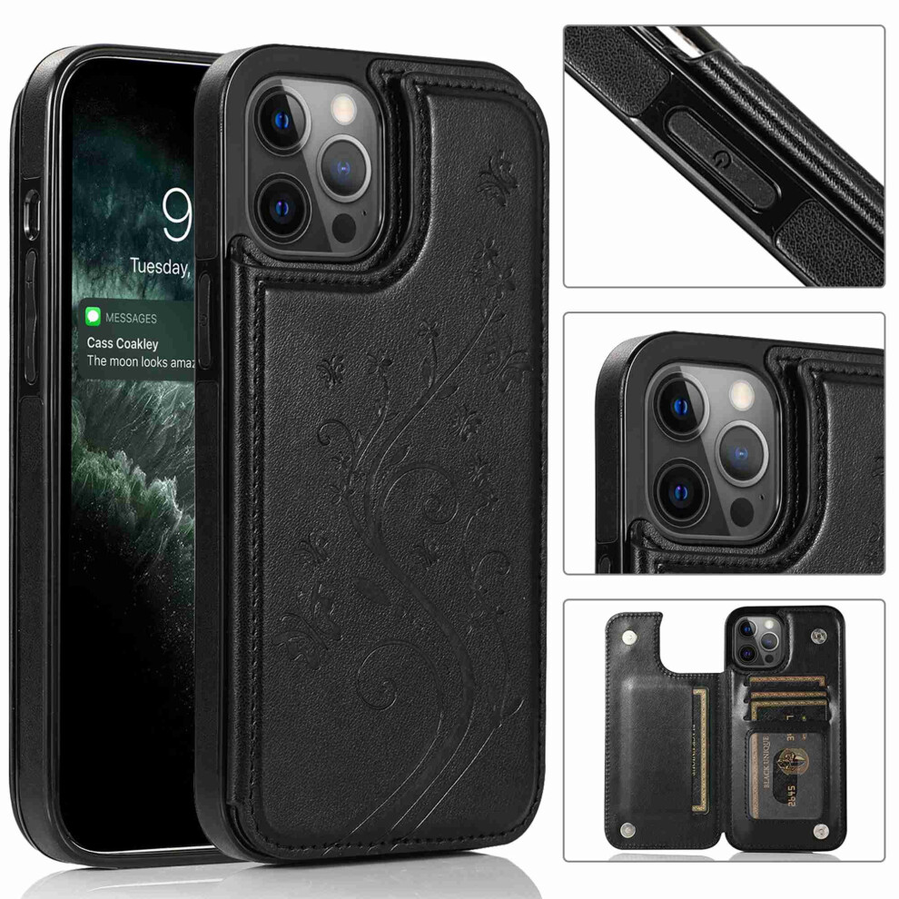 Iphone 13 Pro Max Wallet Case Butterfly Flower Black 9043876534744