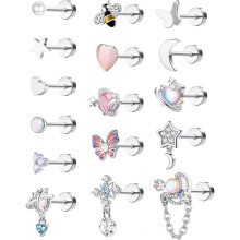 Boucles d'oreilles pendantes en acier inoxydable Jstyle16Pcs pour cartilage, pour femmes et hommes, 16G20G, motif papillon, cœur, zircon cubique,