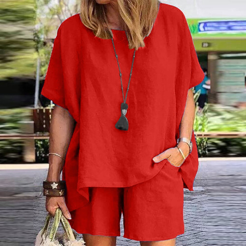 Women's Casual Summer Two-Piece Set Red Solid Comfortable
