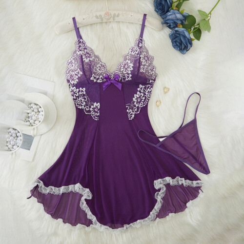 Camicia da notte da donna in pizzo trasparente, viola, taglia piccola 1