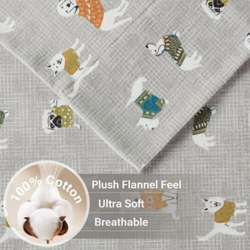 Σετ σεντόνια Cozy Flannel από βαμβάκι, γκρι, τυπωμένο με σκύλο, τετράγωνα 2