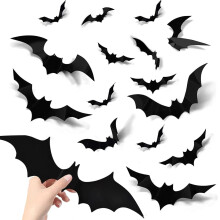 Décoration Halloween Chauves-souris 3D Lot de 72 Stickers Muraux Autocollants PVC Imperméables Noir Fête Intérieur