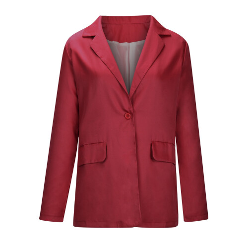 Blazer feminino vermelho liso com lapela e bolsos. 2