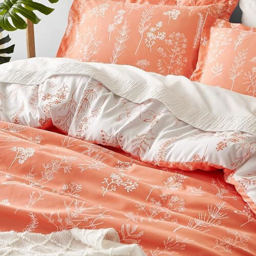 King Comforter Set Coral Orange Floral 3-Piece 2
