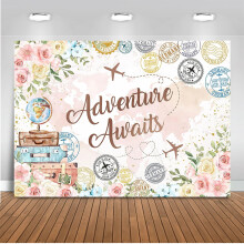 Pink floral party backdrop with adventure quote, 1 piece