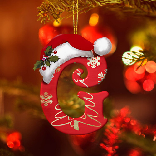 Christmas Tree Ornament with Initial and Red Hat 26 Letters