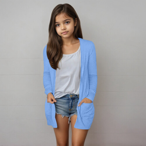 Girls' Open-Front Solid Cardigan with Pockets, Size 10-12Y 1